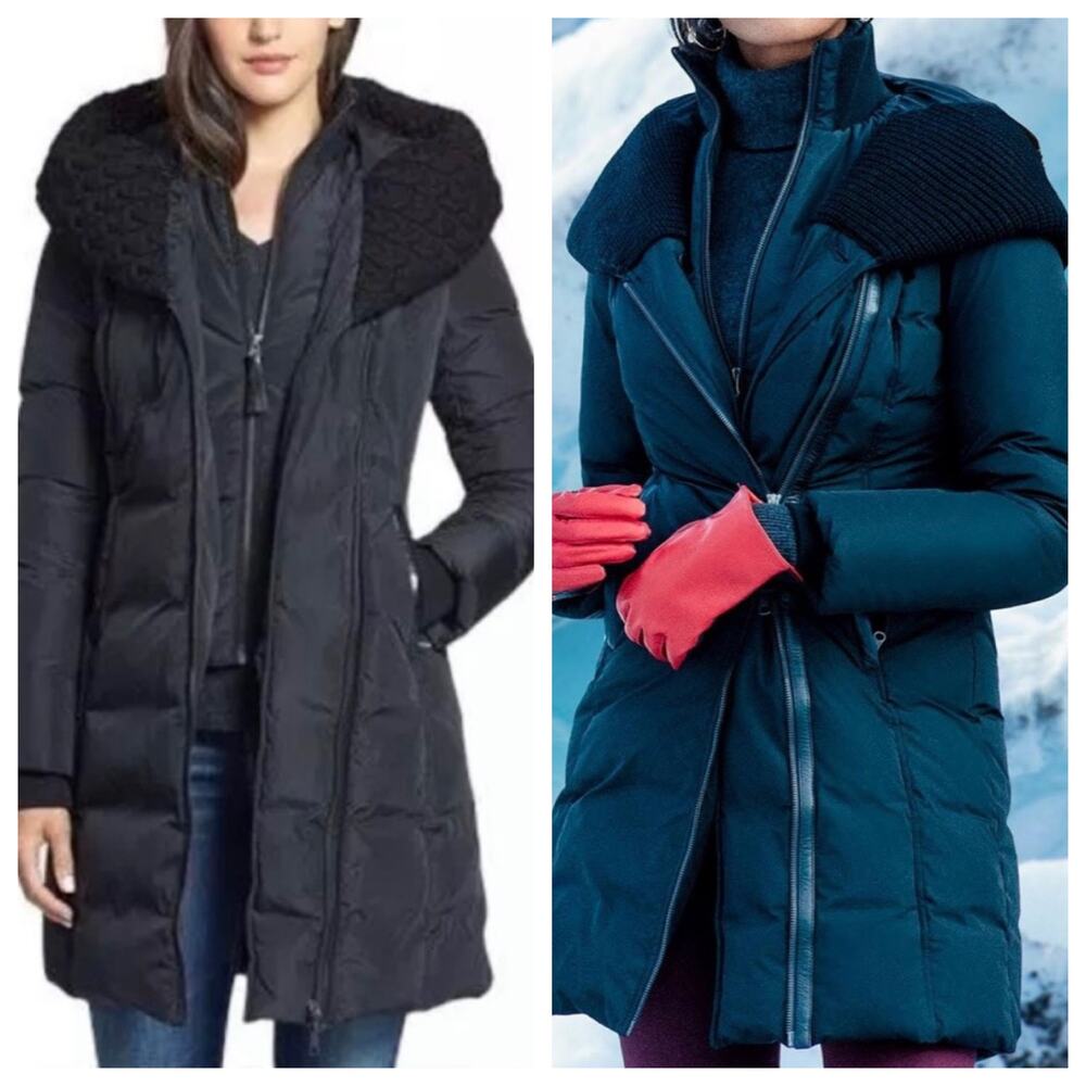 Mackage Brigid Black Down Puffer Coat XS Knit Collar Leather Trim Long Winter